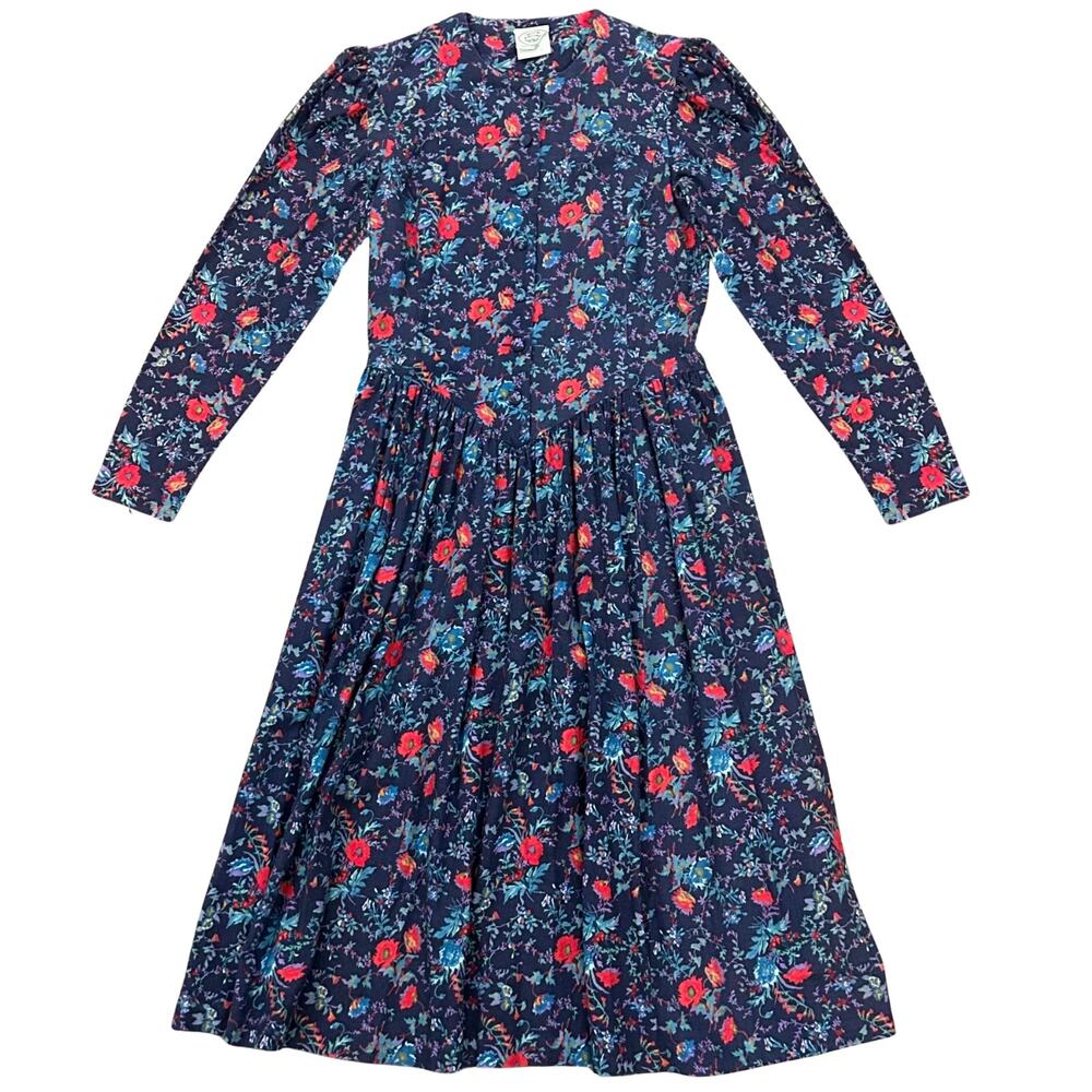 Vintage Laura Ashley Floral Prairie Dress Navy Wool Blend Made in Britain Sz 10